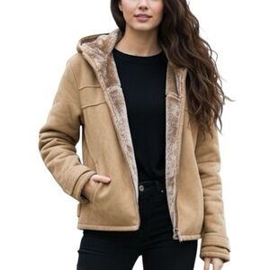 Guess Jeans Vintage Coat Faux Shearling Hooded Jacket Retro Sherpa